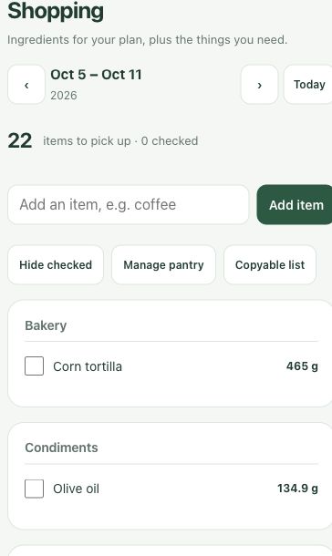 MealPrep shopping list on a narrow screen, with demo corn tortillas and olive oil grouped by aisle
